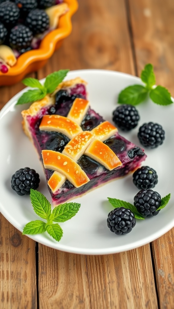 Slice of blackberry pie dessert with pretzel crust, garnished with fresh blackberries on a rustic table.